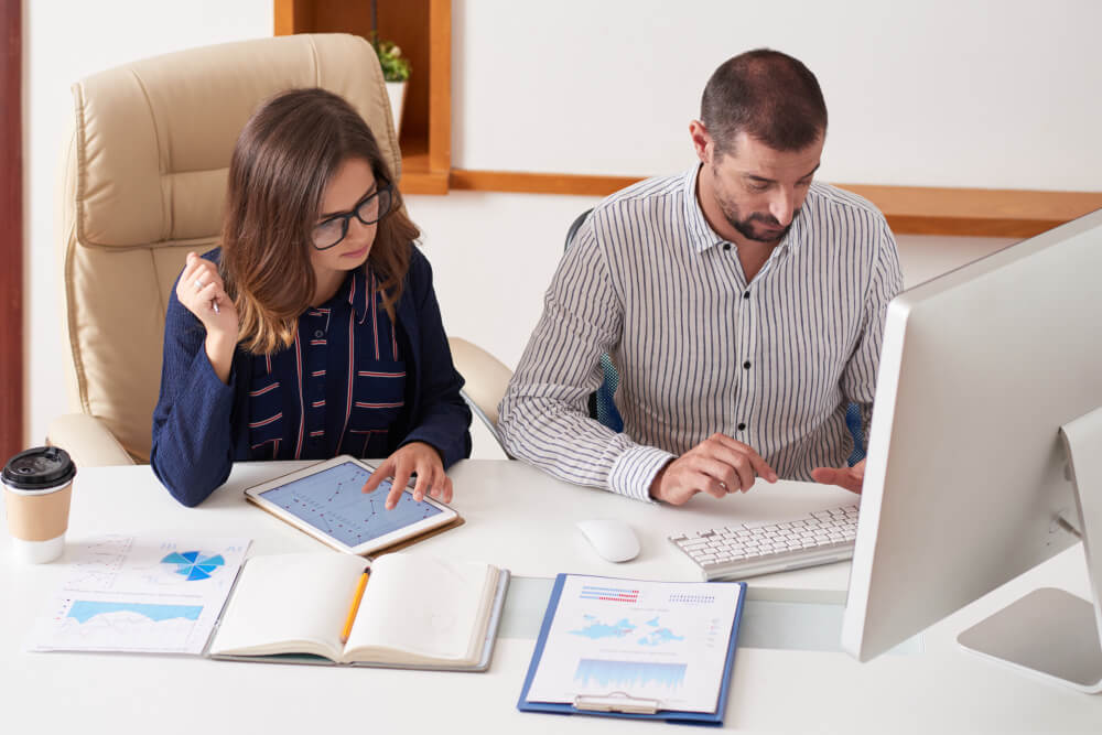 Accounting professionals analyzing financial reports and business data