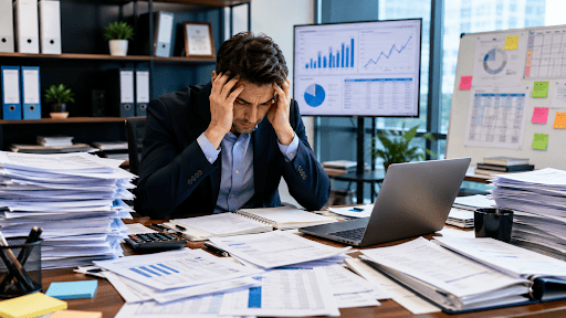 Business owner managing payroll paperwork and tax documents, highlighting the need for payroll management services in the USA.