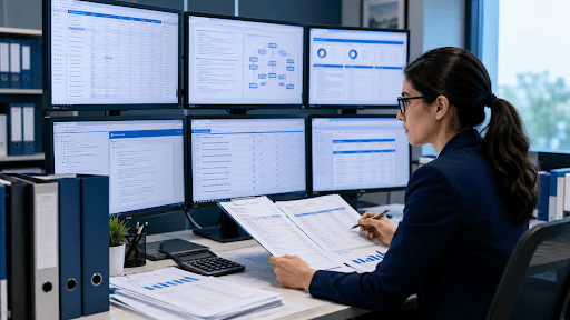 Payroll compliance specialist using payroll management software to review federal, state, and local payroll regulations in a professional accounting office.