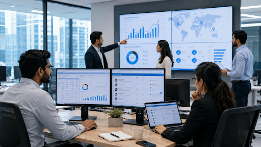 HR and finance professionals using payroll management software to manage a growing workforce in a modern corporate office.