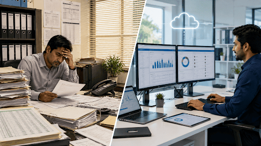 Outdated payroll processing using spreadsheets compared with modern cloud-based payroll management software in a corporate office.