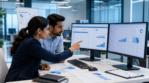 Payroll management services USA team reviewing payroll reports, tax calculations, employee records, and compliance dashboards in a modern corporate office.